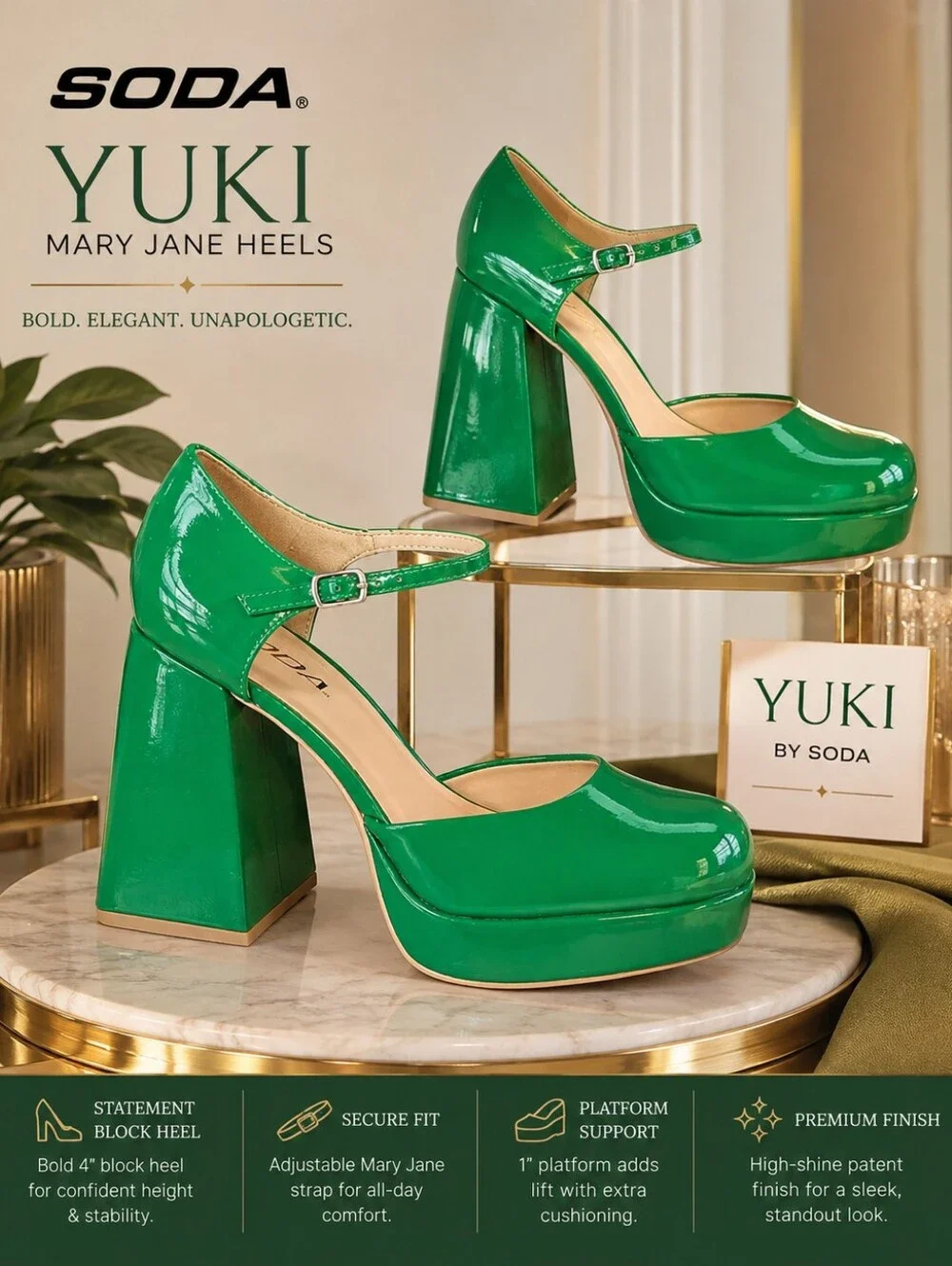 SODA Yuki Green Patent Platform Mary Jane Heels – Women’s Size 8 – New in Box